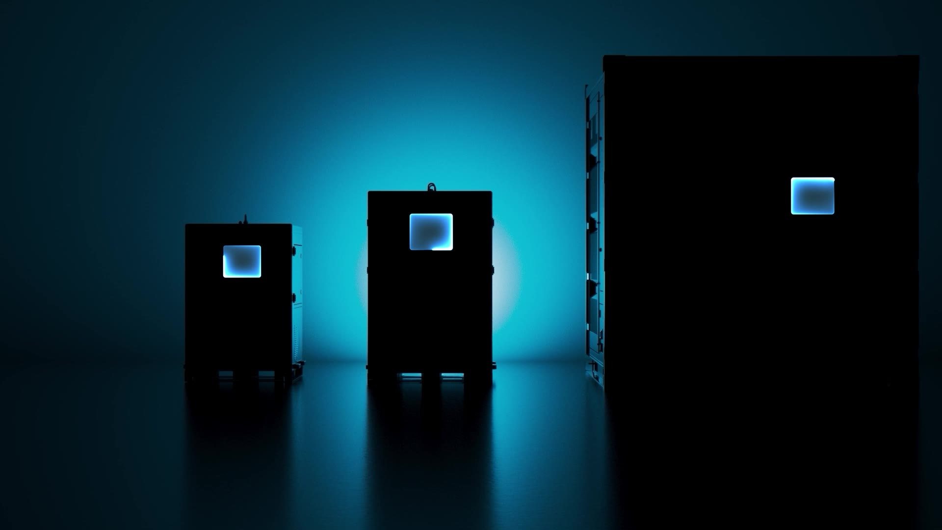 Cinematic 3D render of three POWR2 battery units in silhouette, created by Kevin Sturmer