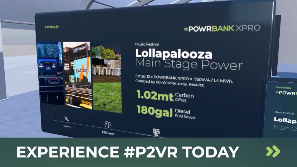 Interactive data panels throughout, including the festival setup modeled on POWR2's real deployment: solar-charged XPRO units that powered Billie Eilish's Lollapalooza main stage.
